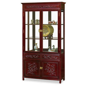 Dark Cherry Rosewood Flower and Bird Design Oriental China Cabinet