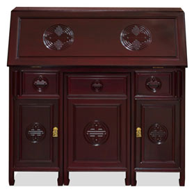 Dark Cherry Rosewood Longevity Design Asian Secretaire with Chair