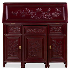 Dark Cherry Rosewood Flower and Bird Design Asian Secretaire with Chair