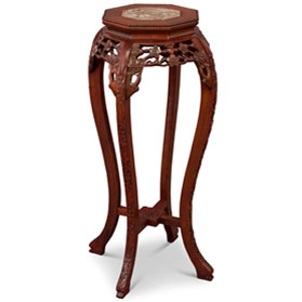 36in Red Cherry Rosewood Bird and Flower Motif Pedestal with Marble Inlay Top