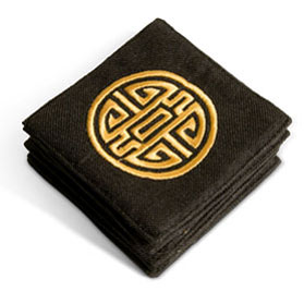 Set of 6 Black Coasters with Embroidered Gold Chinese Longevity Emblem