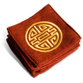 Set of 6 Red Coasters with Embroidered Gold Chinese Longevity Emblem