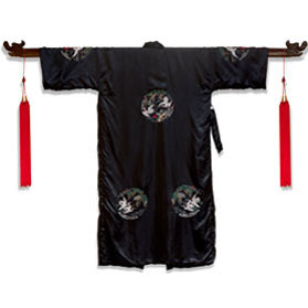 Black Chinese Silk Robe with Crane Motif