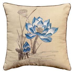 Beige Chinese Linen Lotus Flower Embroidered Pillow