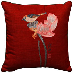 Red Chinese Linen Bird and Lotus Flower Embroidered Pillow