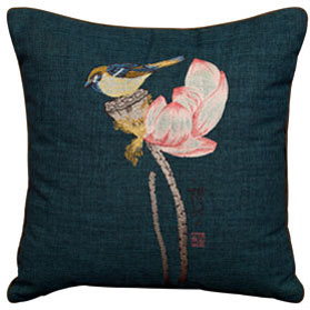 Navy Blue Chinese Linen Bird and Lotus Flower Embroidered Pillow