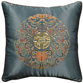 Light Blue Chinese Silk Longevity Pillow