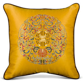 Gold Embroidered Longevity Motif Chinese Silk Pillow