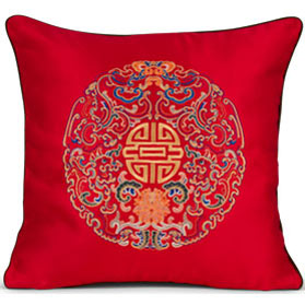 Royal Red Embroidered Longevity Motif Chinese Silk Pillow