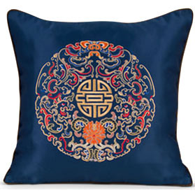 Royal Blue Embroidered Longevity Motif Chinese Silk Pillow