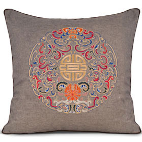 Earthen Embroidered Longevity Motif Chinese Linen Pillow