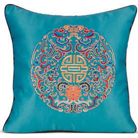 Aqua Blue Embroidered Longevity Motif Chinese Silk Pillow