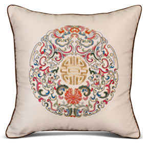 Ivory White Embroidered Longevity Motif Chinese Pillow