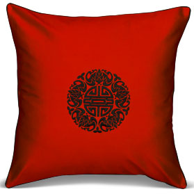 Red Pillow with Embroidered Black Chinese Longevity Motif