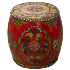 Tibetan Ceremonial Drum with Hand Painted Floral Art