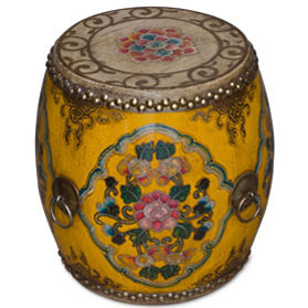 Yellow Tibetan Ceremonial Drum with Hand Painted Floral Art