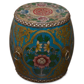 Blue Tibetan Ceremonial Drum with Hand Painted Floral Art