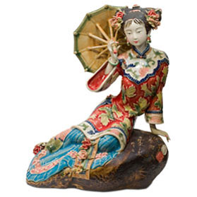 Chinese Porcelain Figurine, Lady in Red with Umbrella