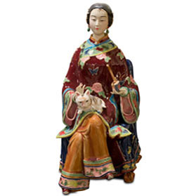 Chinese Porcelain Figurine, Qing Dynasty Lady with Cat