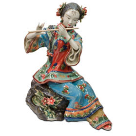 Chinese Porcelain Figurine, Shi Wan Lady Playing the Flute