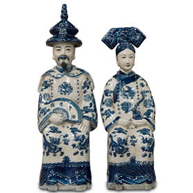 Blue and White Porcelain Qing Emperor and Empress Chinese Statue Set