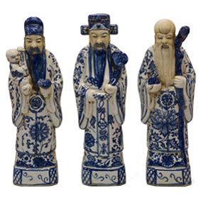 Blue and White Porcelain Three Lucky Gods Chinese Statue Set