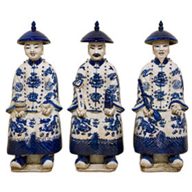 Blue and White Porcelain Sitting Qing Emperors Chinese Statue Set