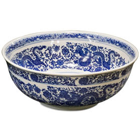 Blue and White Porcelain Dragon Motif Oriental Basin