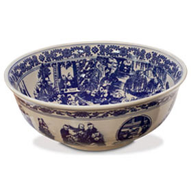 Blue and White Porcelain Schoolyard Scene Oriental Basin