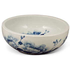 16in Blue and White Peony Motif Oriental Porcelain Basin