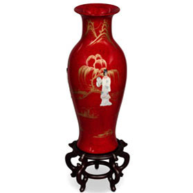 24 Inch Red Lacquer Mother of Pearl Oriental Porcelain Vase