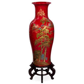 36in Red Lacquer Chinoiserie Scenery Motif Chinese Porcelain Vase