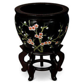 12 Inch Black Lacquer Porcelain Cherry Blossom Chinese Fishbowl Planter