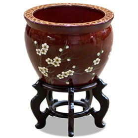 12 Inch Red Porcelain Cherry Blossom Chinese Fishbowl Planter