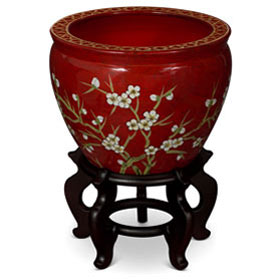 12 Inch Red Porcelain Cherry Blossom Chinese Fishbowl Planter