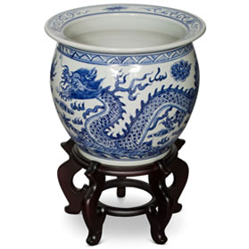12 Inch Blue and White Porcelain Imperial Dragon Chinese Fishbowl Planter