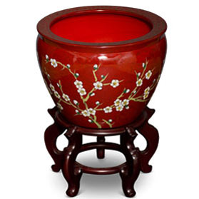 14 Inch Red Cherry Blossom Design Chinese Fishbowl Planter