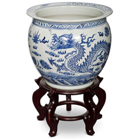 14 Inch Blue and White Porcelain Imperial Dragon Chinese Fishbowl Planter