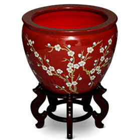 17 Inch Maroon Porcelain Cherry Blossom Fishbowl Planter