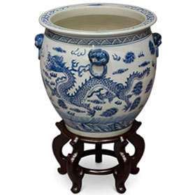 16 Inch Blue and White Porcelain Imperial Dragon Chinese Fishbowl Planter