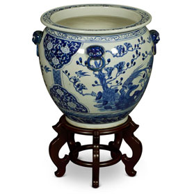 15.5 Inch Blue and White Porcelain Bird and Flower Chinese Fishbowl Planter