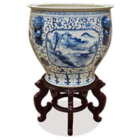 16.5 Inch Blue and White Porcelain Scenery Motif Chinese Fishbowl Planter