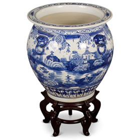16 Inch Blue and White Porcelain Chinoiserie Village Scenery Oriental Fishbowl Planter