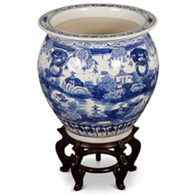 16 Inch Blue and White Porcelain Chinoiserie Village Scenery Oriental Fishbowl Planter