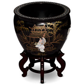 17 Inch Black Mother of Pearl Figurine Chinese Fishbowl Planter