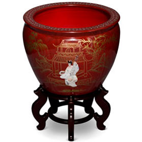 17 Inch Red Mother of Pearl Figurine Chinese Fishbowl Planter