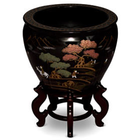 17 Inch Black Porcelain Scenery Motif Fishbowl Planter