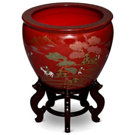 17 Inch Maroon Porcelain Scenery Motif Fishbowl Planter