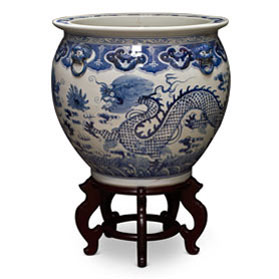 19 Inch Blue and White Porcelain Imperial Dragon Chinese Fishbowl Planter