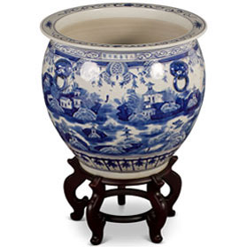 19 Inch Blue and White Porcelain Chinoiserie Village Scenery Oriental Fishbowl Planter